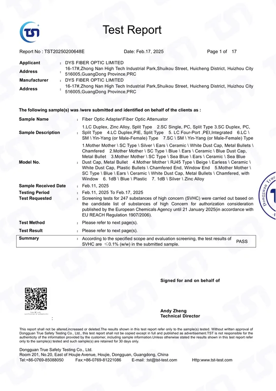 REACH certificate first page