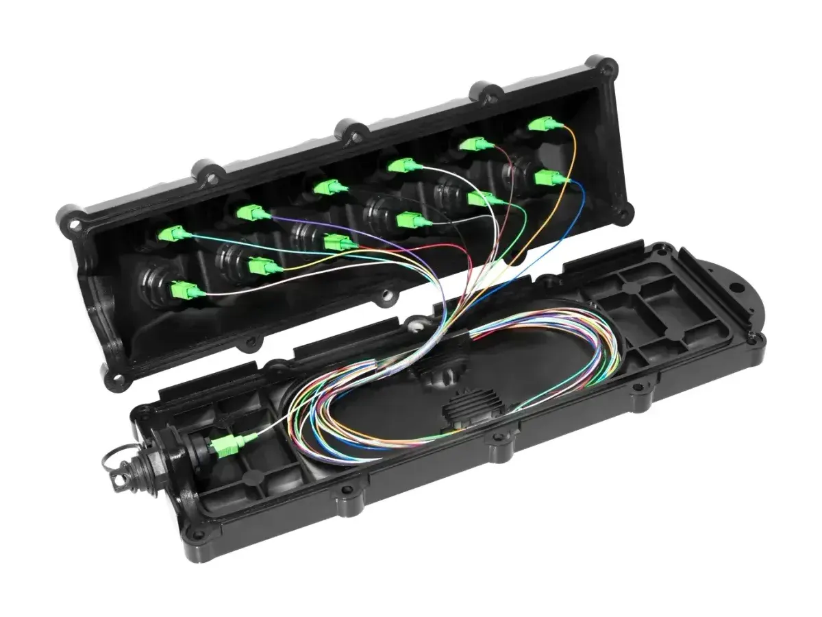 DYS FTTX-A MST Box 12-core open showing pre-terminated SC/APC ports